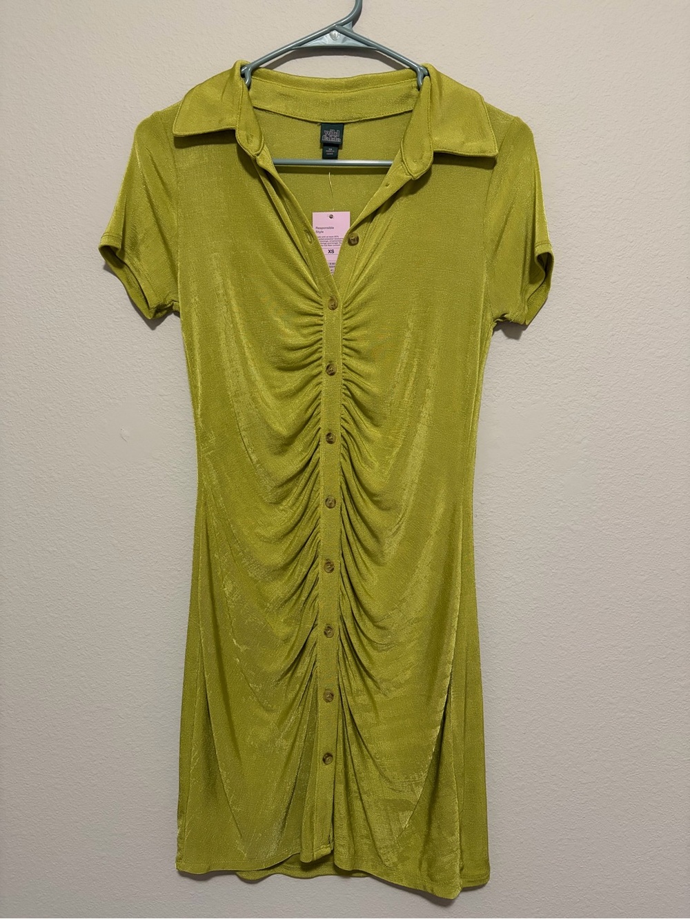 wild fable Olive Green Ruched Button-Front Short Sleeve Dress